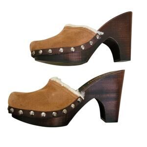 Miu Miu Vintage Platform Brown Suede Clogs Studded Mules Slides Heels 7.5 37.5